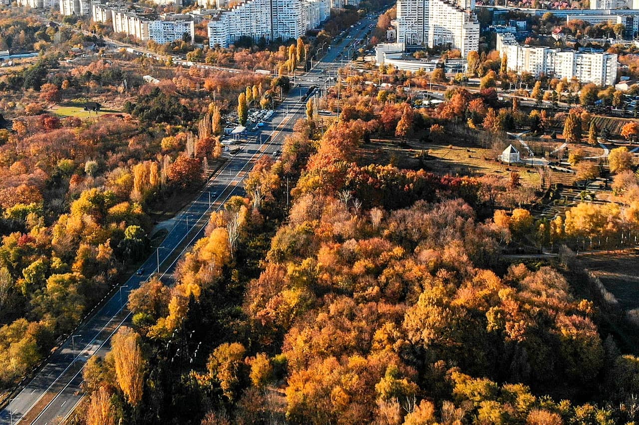 Miasto jesienią z lotu ptaka